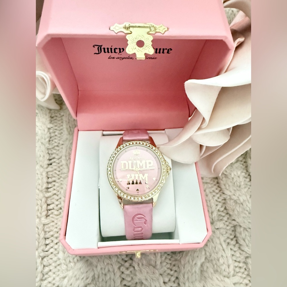 New! Juicy Couture "Dump Him" pink and gold wristwatch with a crystal bezel - Picture 2 of 6